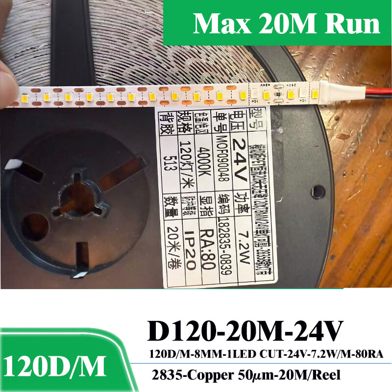 SMD2835 LED strip 8mm cut at will Max 20m run 120leds/m 24V 7.2W/m 20m/Reel 1 SMD2835 LED strip 8mm cut at will Max 20m