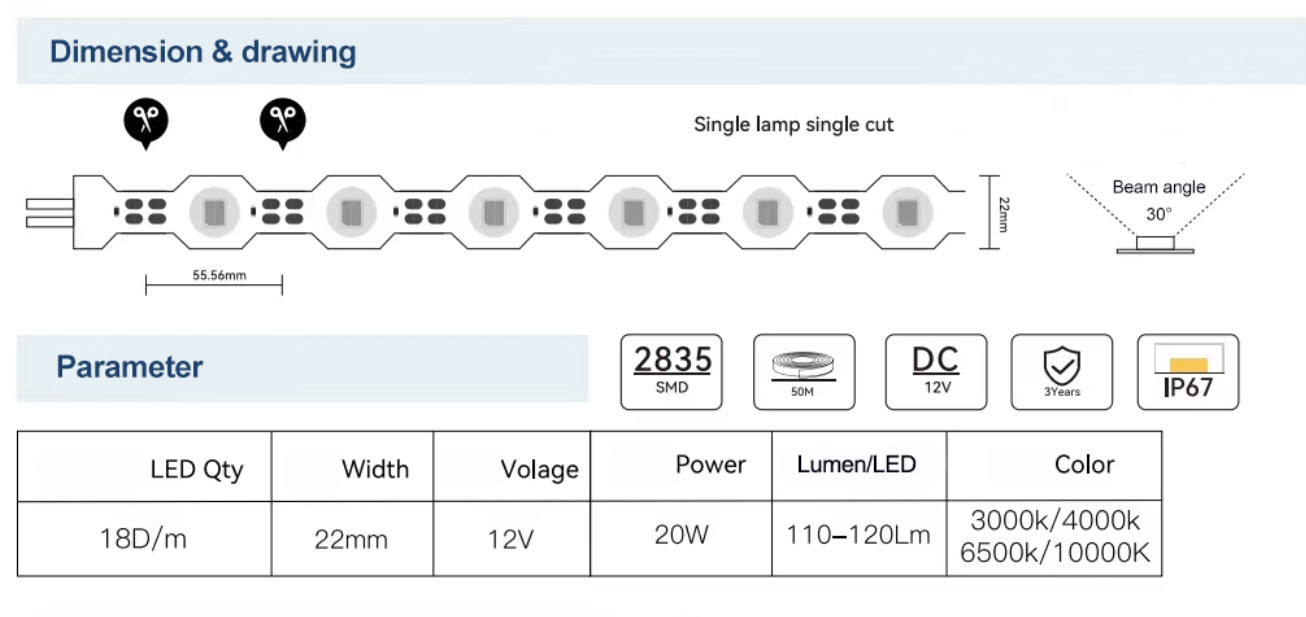 Zipzag LED Strip with Lens IP67 18D/M 20W/m 22mm 1LED CUT 12V plug-play 50mtr/Reel 11 Zipzag LED Strip with Lens IP67 18D/M 20W/m 22mm 1LED CUT 12V plug-play 50mtr/Reel - Image 11