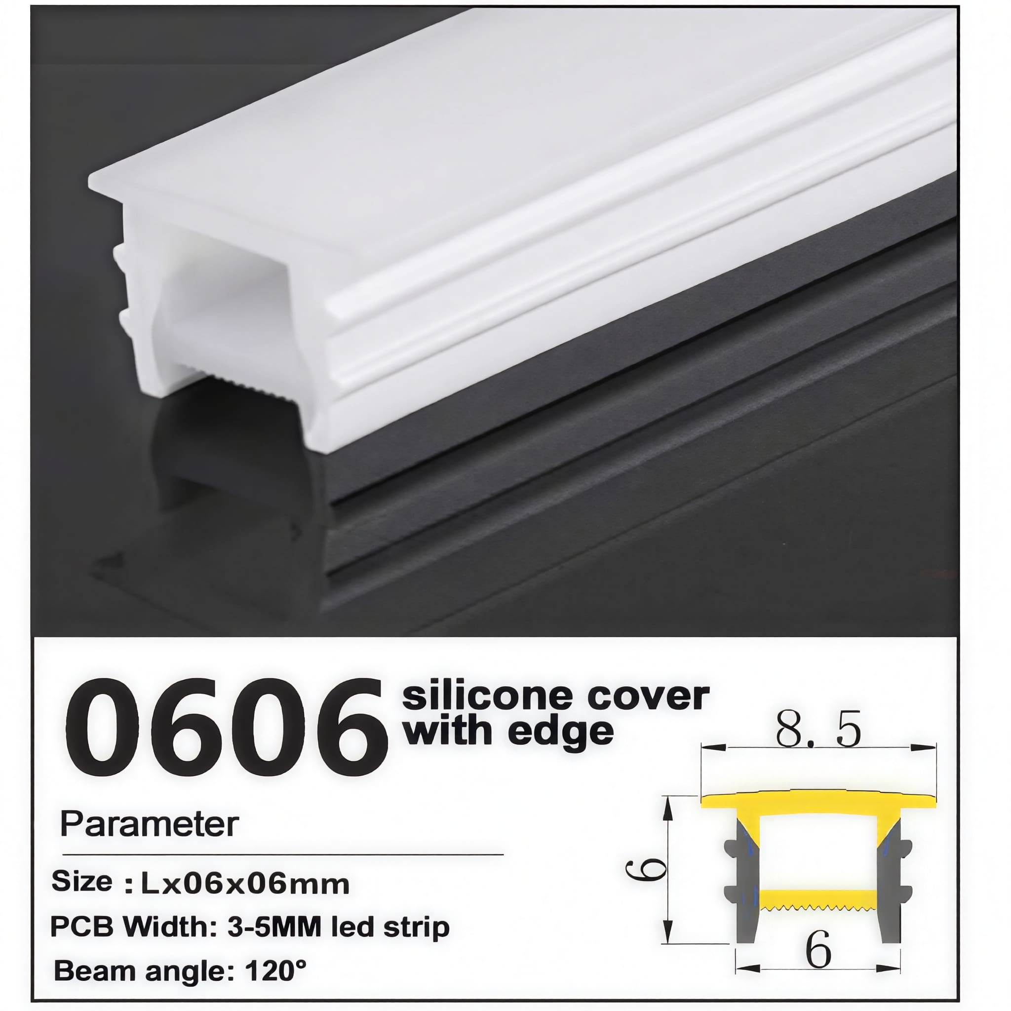New LED strip Silicone Cover with edge 06*06mm 1 LED strip Silicone Cover 06*06mm