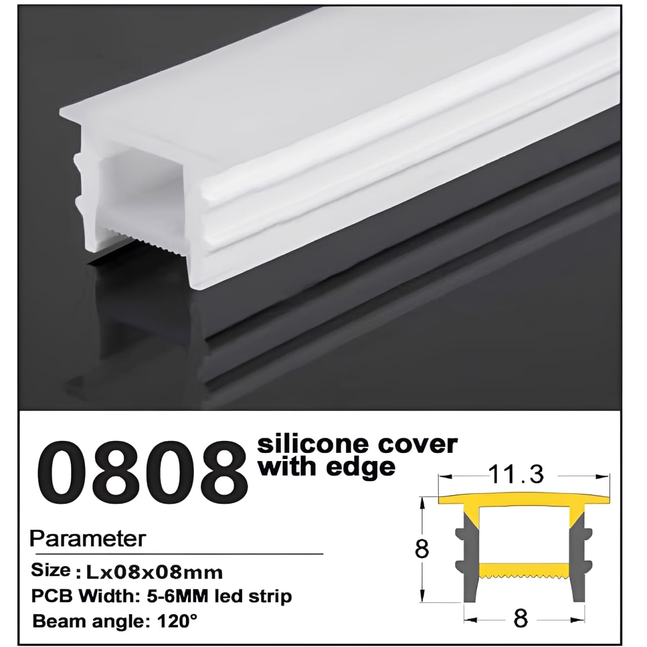 New LED strip Silicone Cover with edge 08*08mm 1 LED strip Silicone Cover 08*08mm